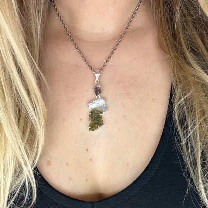 Ciondolo Moldavite, Madreperla, Labradorite, Diamante Herkimer - Argento 925