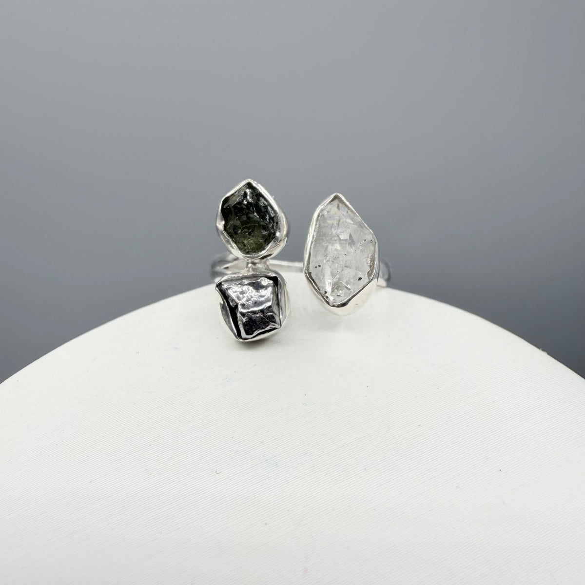 Anello Moldavite, Campo del Cielo e Diamante Herkimer | Argento 925
