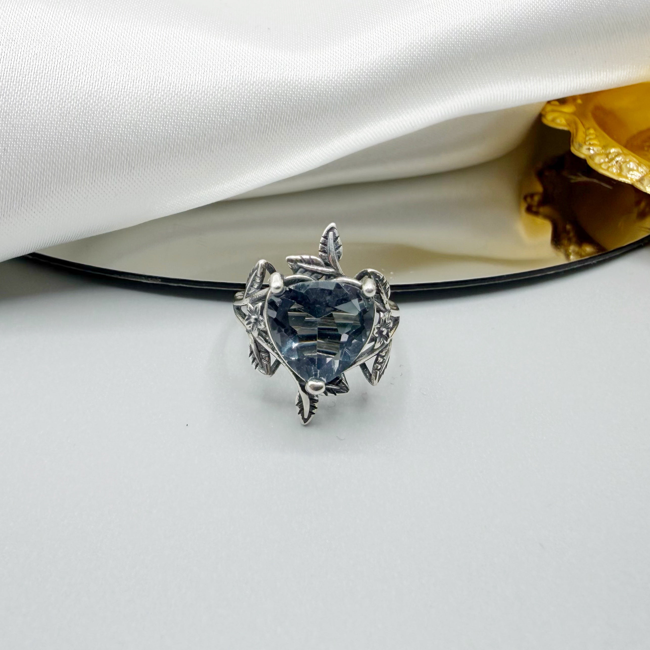 Anello Fluorite Cuore Foglioline - Argento 925