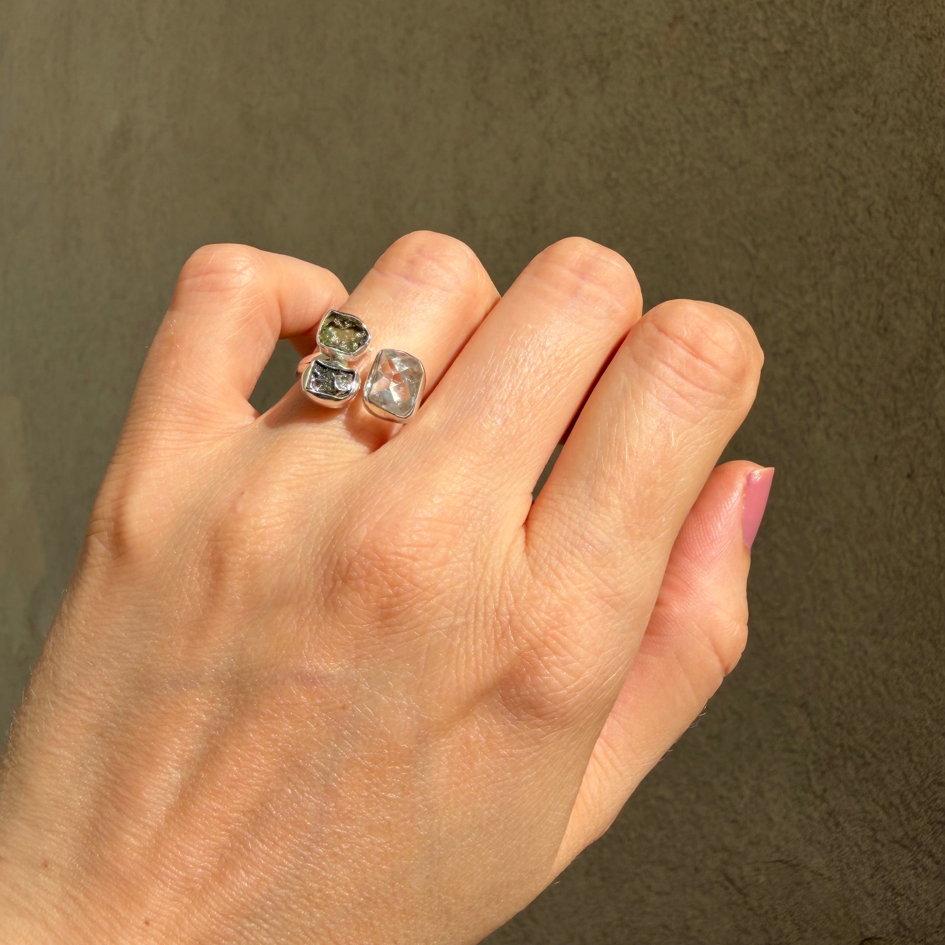 Anello Moldavite, Campo del Cielo e Diamante Herkimer | Argento 925