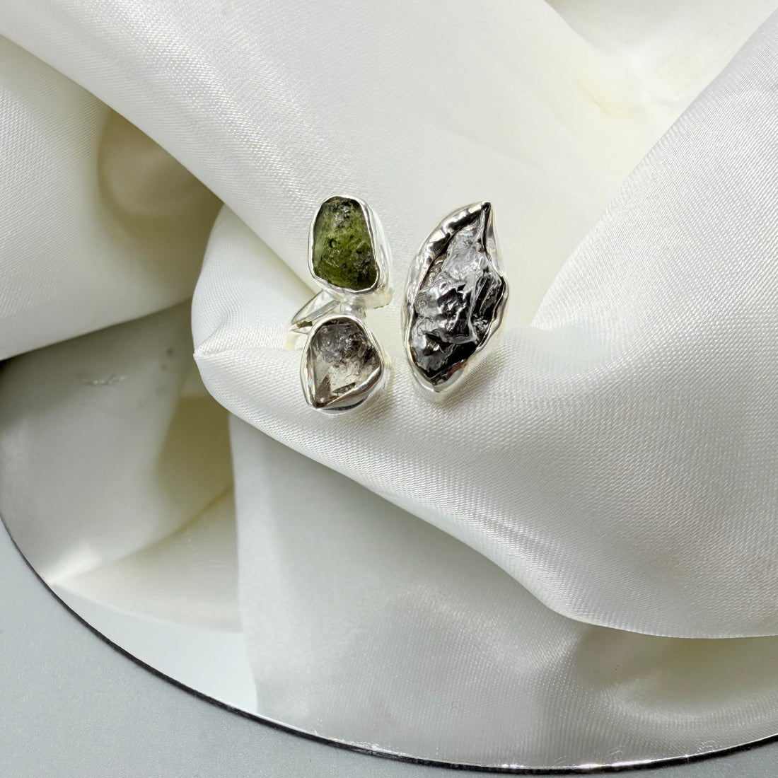 Anello Moldavite, Campo del Cielo e Diamante Herkimer | Argento 925