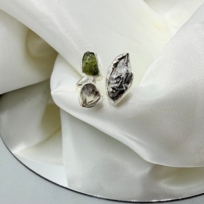 Anello Moldavite, Campo del Cielo e Diamante Herkimer | Argento 925