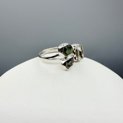 Anello Moldavite, Campo del Cielo e Diamante Herkimer | Argento 925