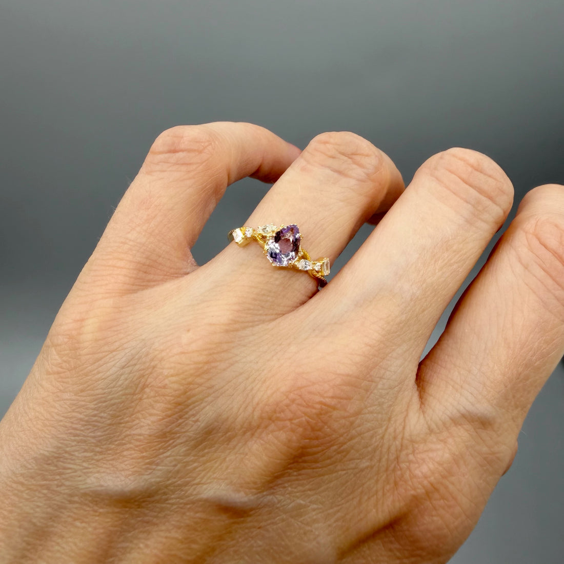 Anello Ametista a Goccia | Argento 925 placcato oro 14k - NON REGOLABILE