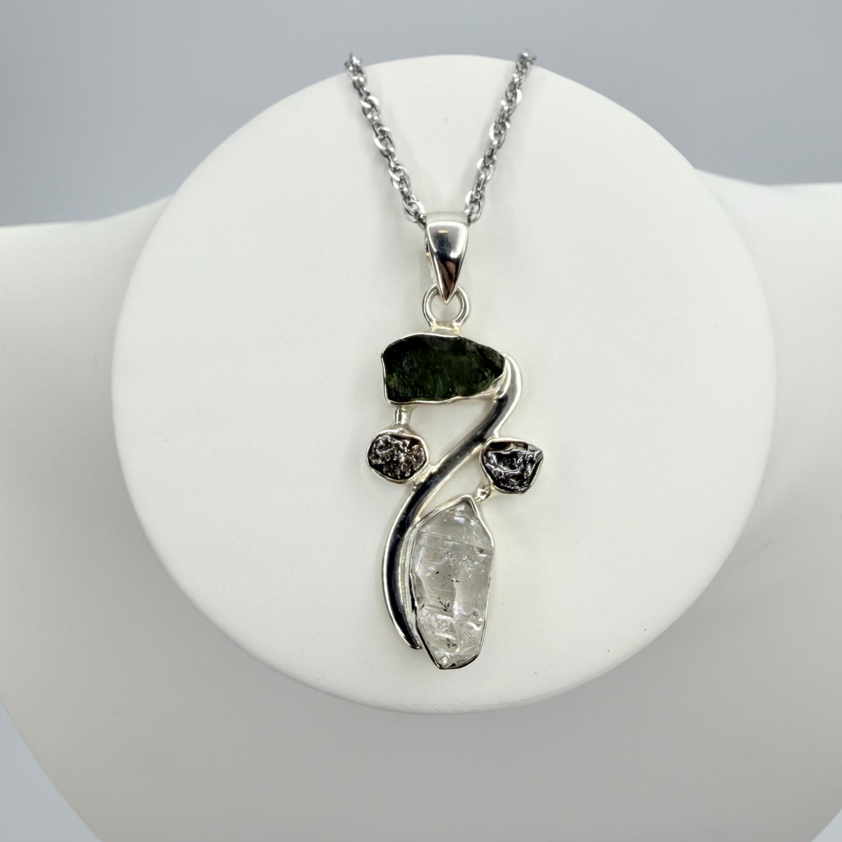 Ciondolo Moldavite, Campo del Cielo, Diamante Herkimer - Argento 925