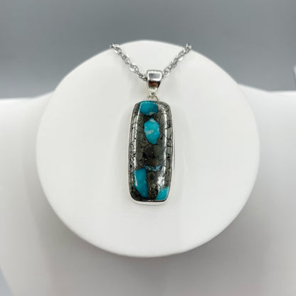 Ciondolo Turchese Naturale in Pirite | Argento 925 - rettangolare