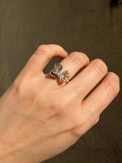 Anello Moldavite, Campo del Cielo e Diamante Herkimer | Argento 925