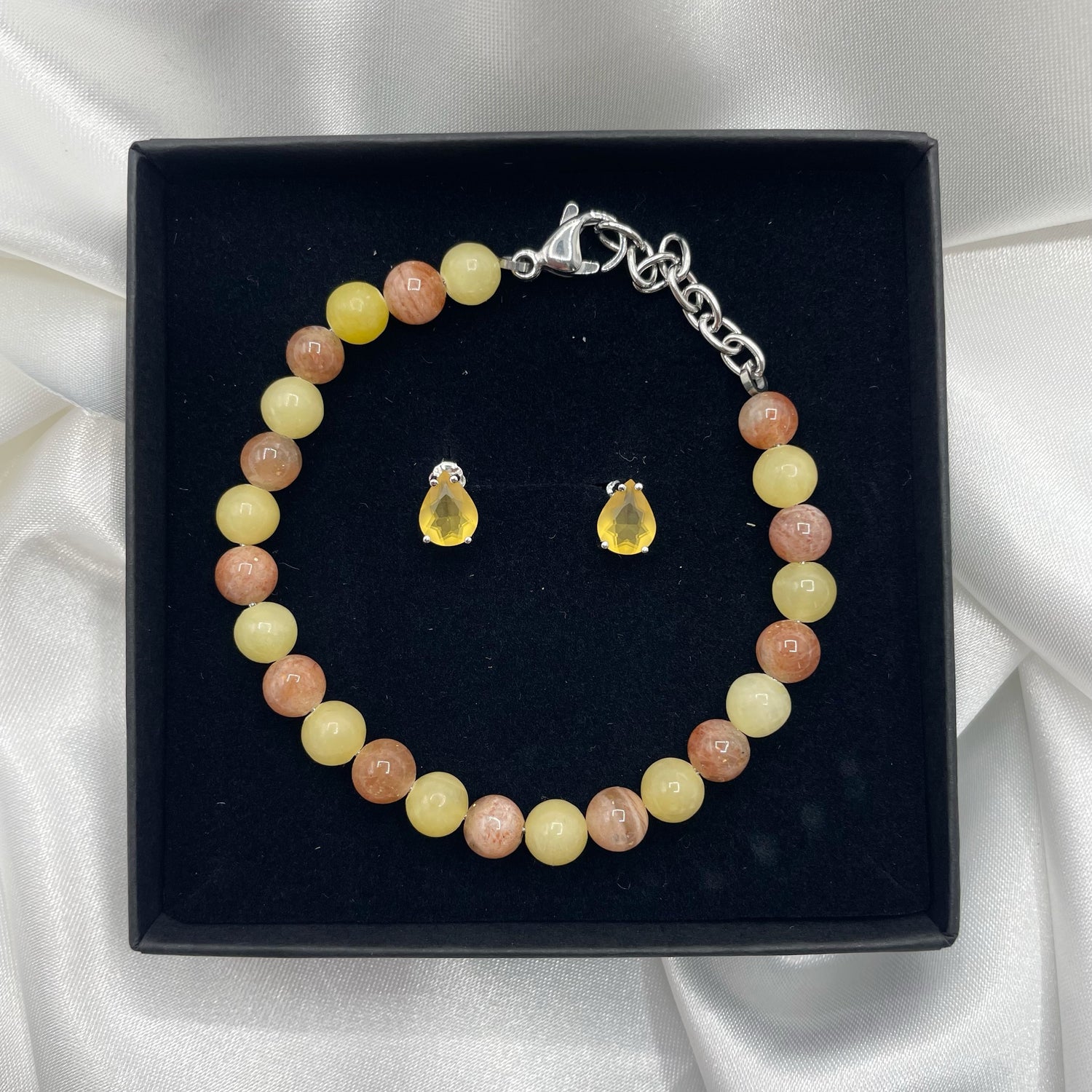 Set Bracciale Calcite, Pietra del Sole e Orecchini Topazio