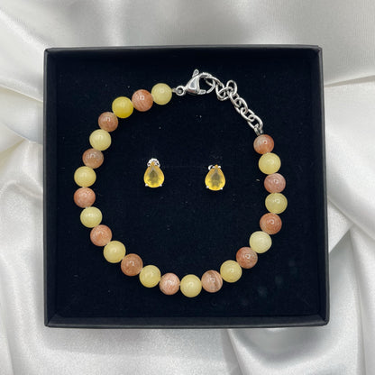 Set Bracciale Calcite, Pietra del Sole e Orecchini Topazio
