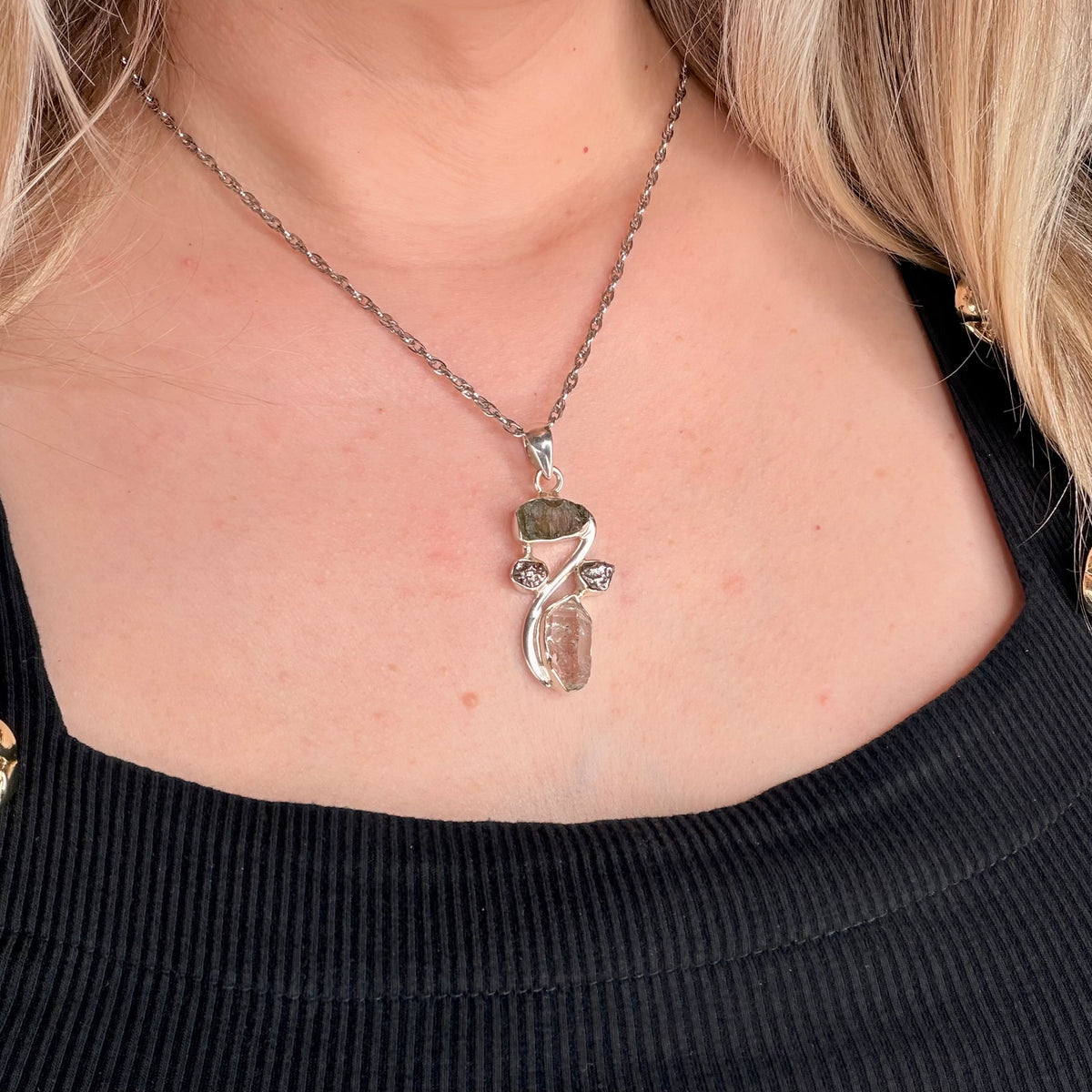 Ciondolo Moldavite, Campo del Cielo, Diamante Herkimer - Argento 925