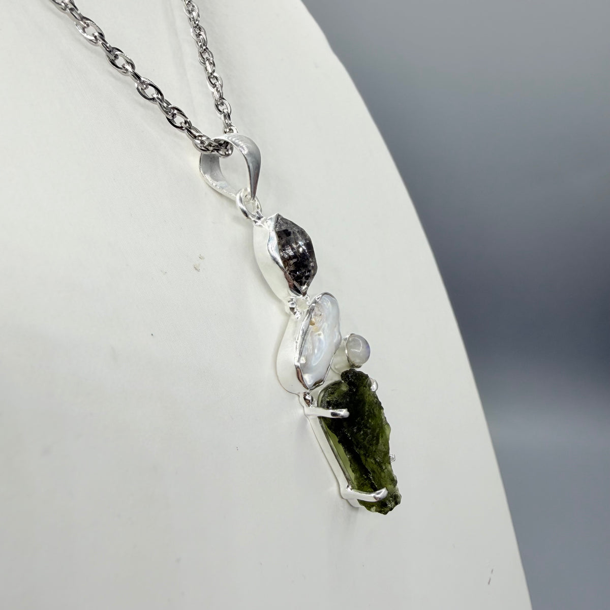 Ciondolo Moldavite, Madreperla, Labradorite, Diamante Herkimer - Argento 925