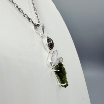 Ciondolo Moldavite, Madreperla, Labradorite, Diamante Herkimer - Argento 925