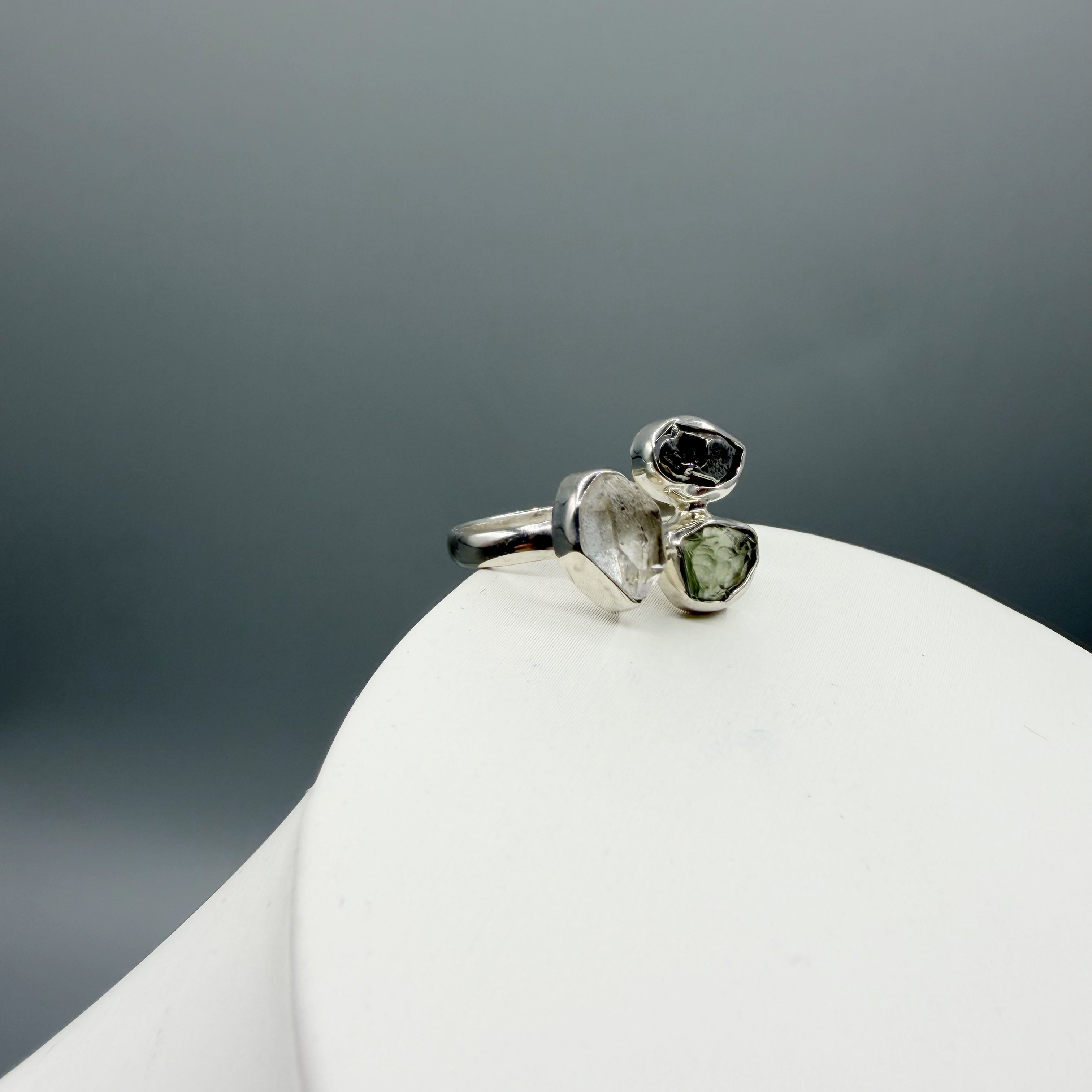 Anello Moldavite, Campo del Cielo e Diamante Herkimer | Argento 925