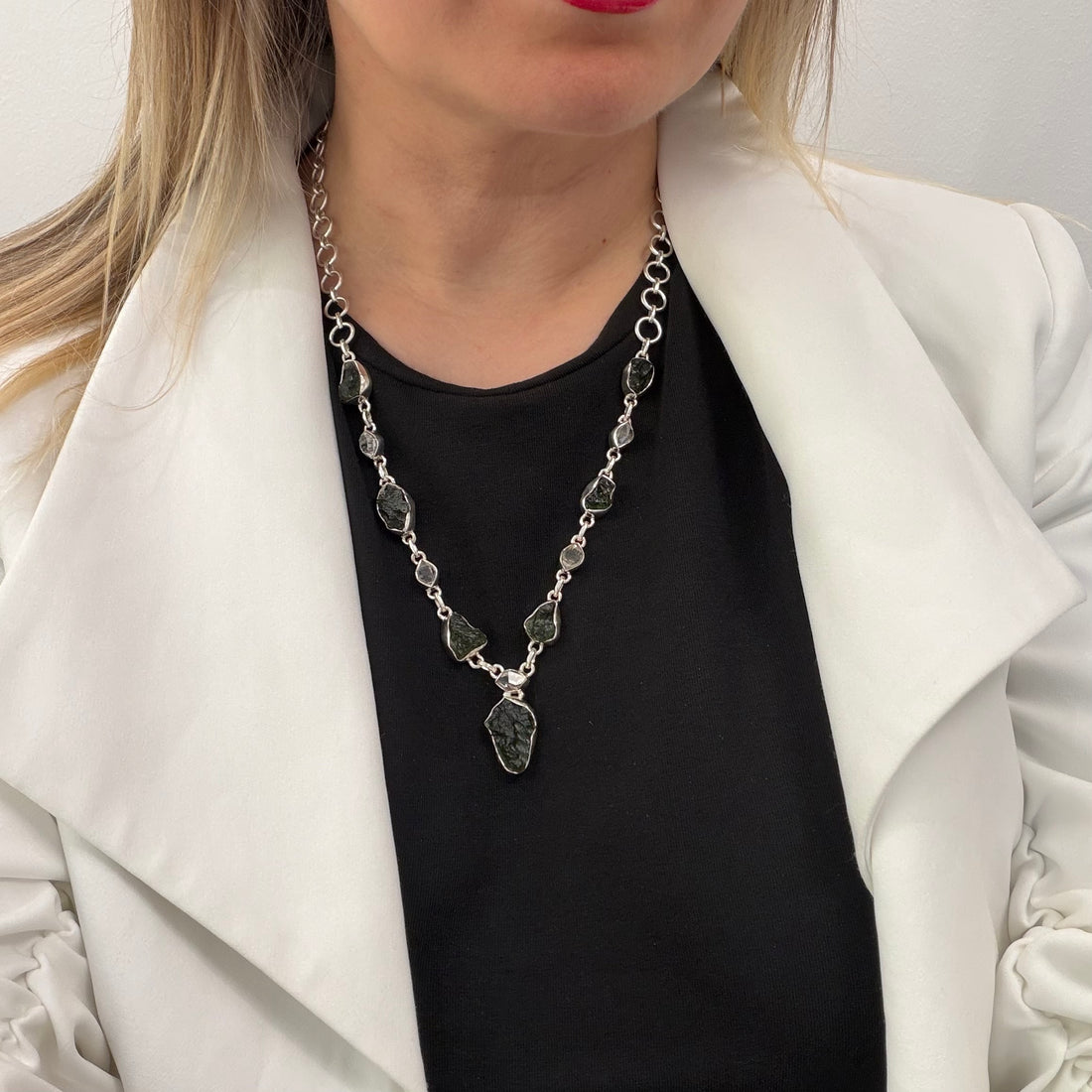 Collana Moldavite e Diamante Herkimer | Argento 925