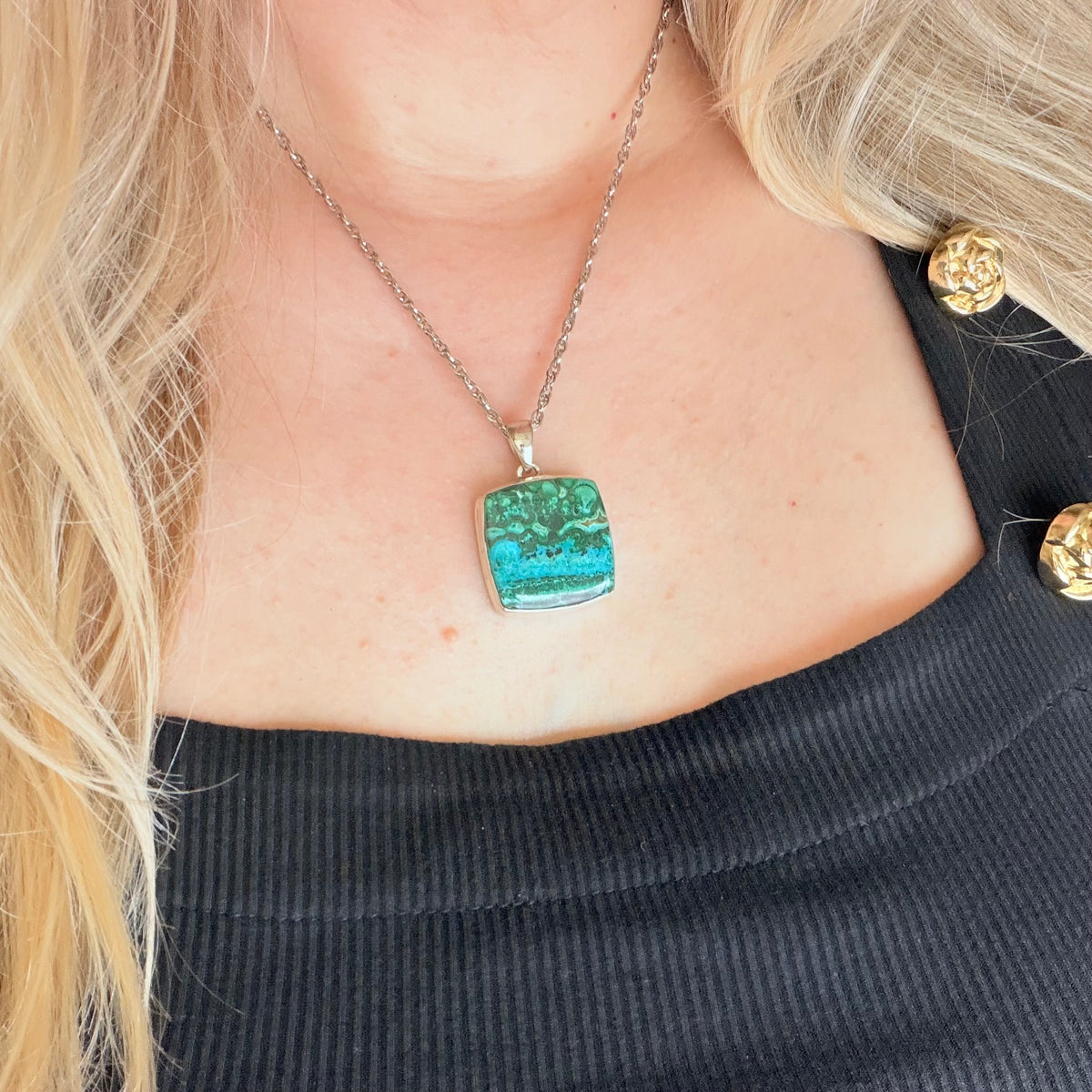Ciondolo Malachite e Crisocolla Argento 925 - Quadrata