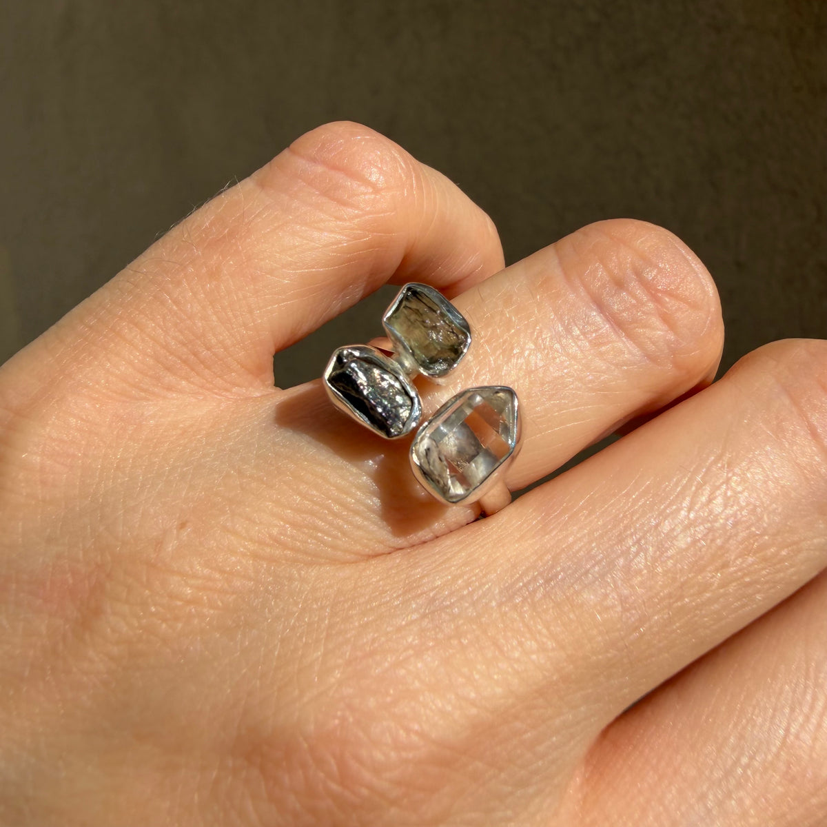 Anello Moldavite, Campo del Cielo e Diamante Herkimer | Argento 925