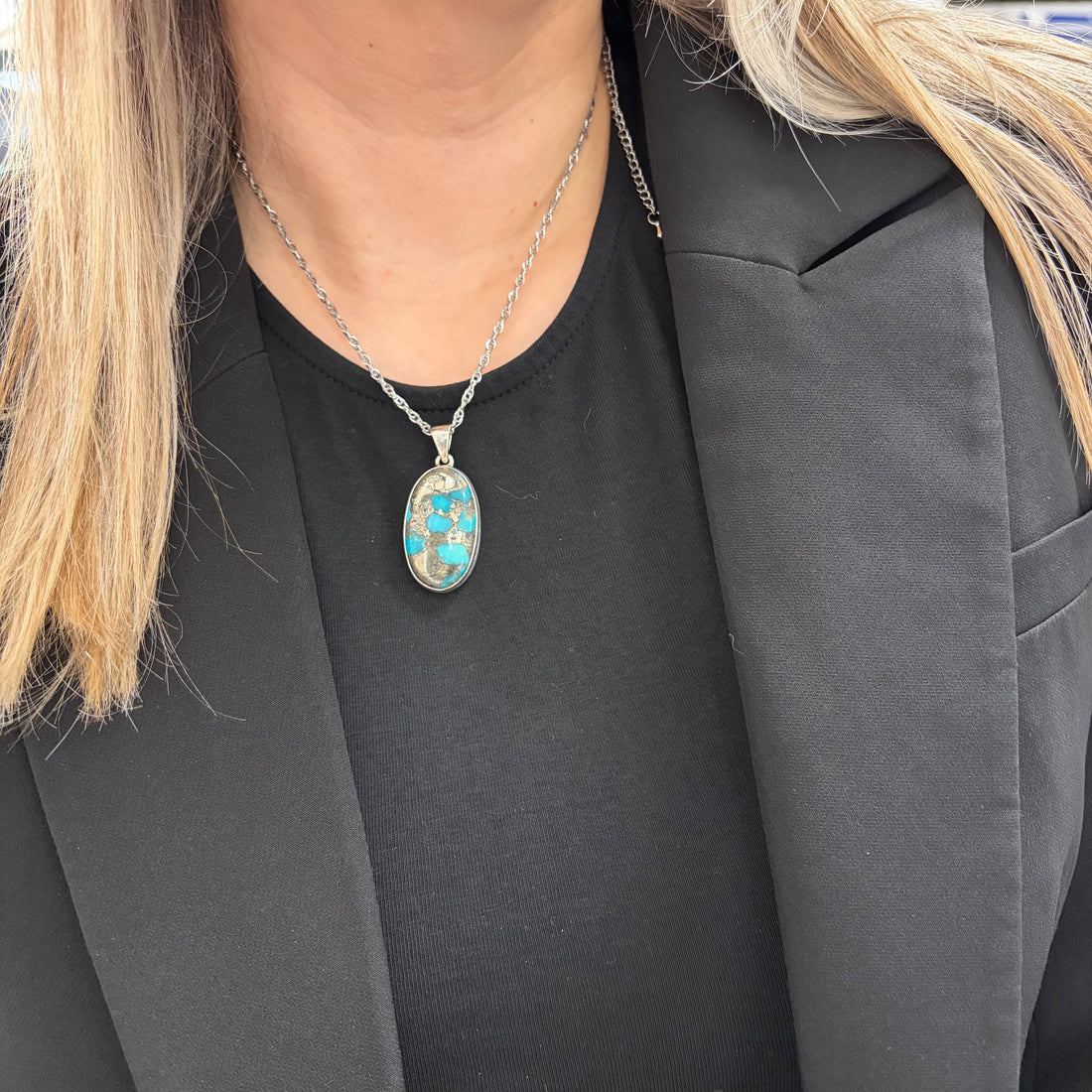 Ciondolo Turchese Naturale in Pirite | Argento 925 - ovale