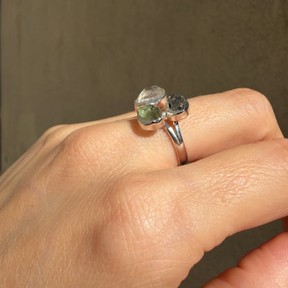 Anello Moldavite, Campo del Cielo e Diamante Herkimer | Argento 925