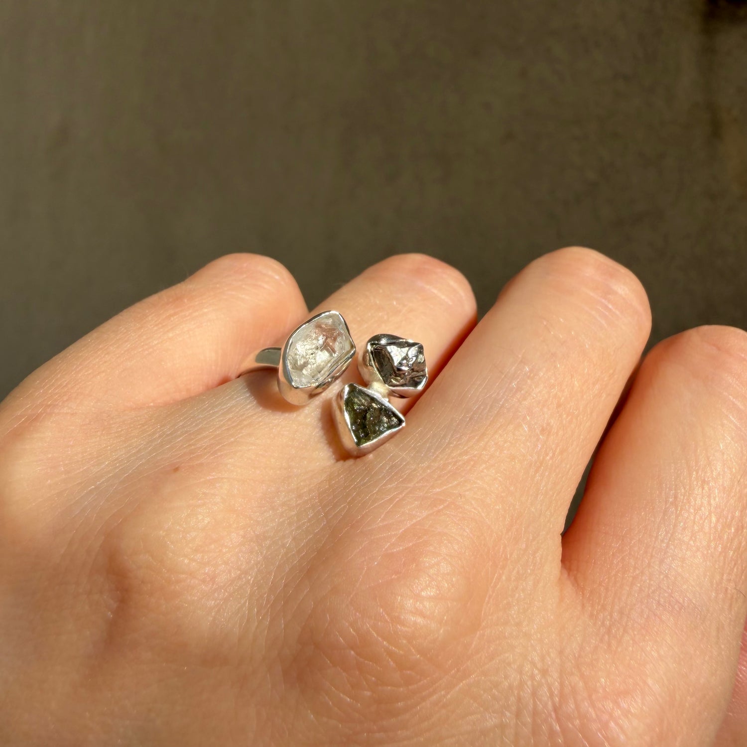 Anello Moldavite, Campo del Cielo e Diamante Herkimer | Argento 925