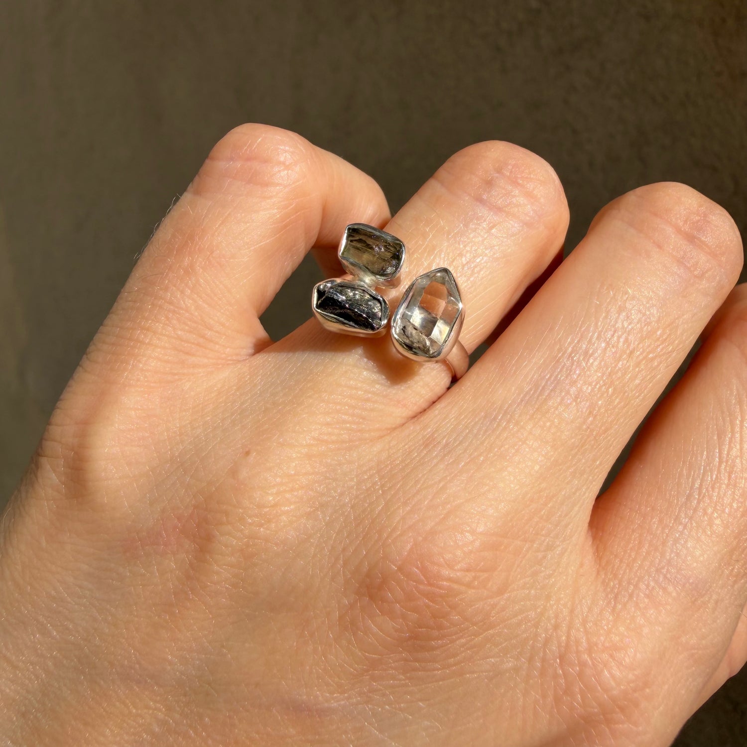 Anello Moldavite, Campo del Cielo e Diamante Herkimer | Argento 925
