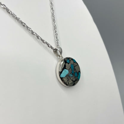 Ciondolo Turchese Naturale in Pirite | Argento 925 - Tondo
