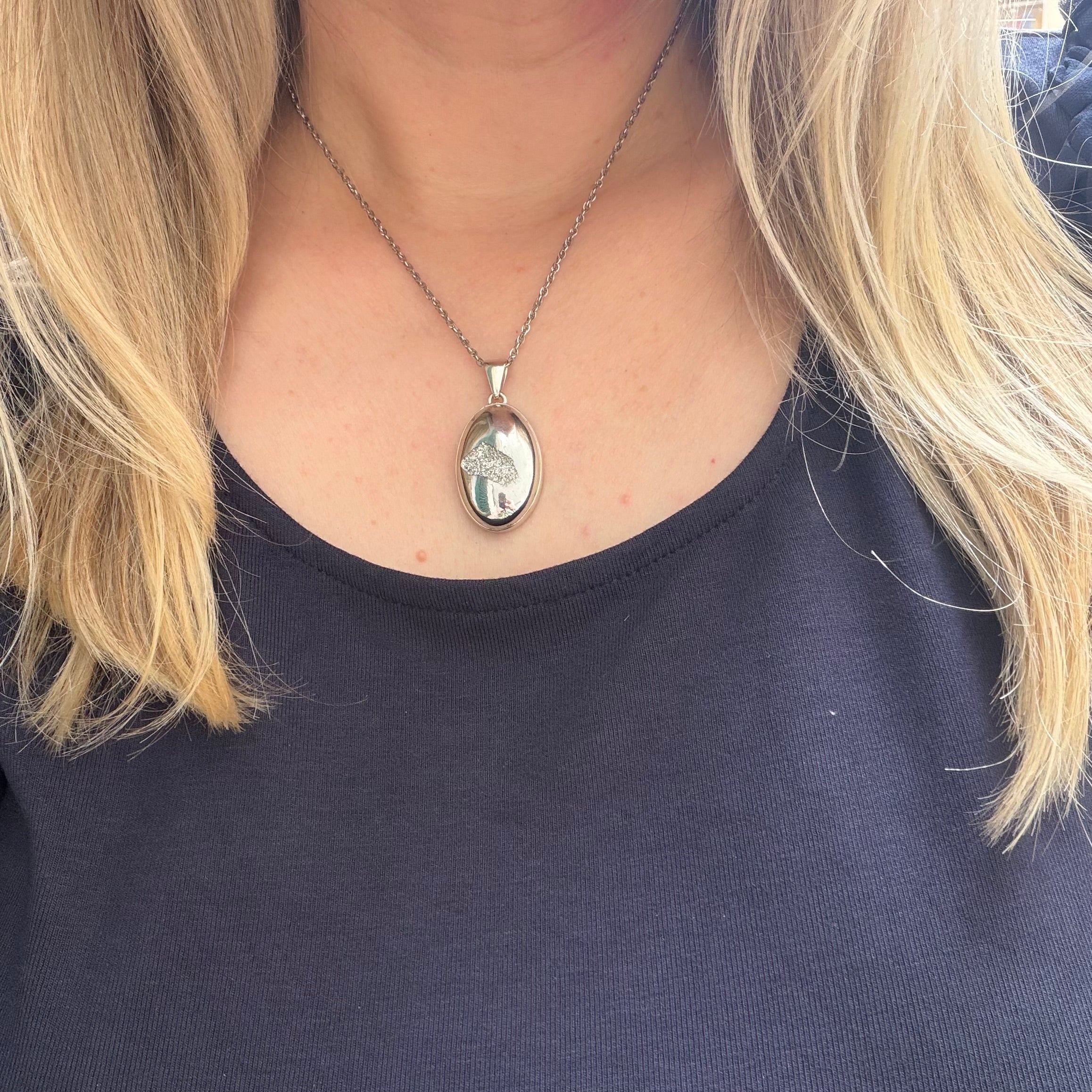 Ciondolo Drusa di Agata con Pirite Aura - Argento 925 - Ovale