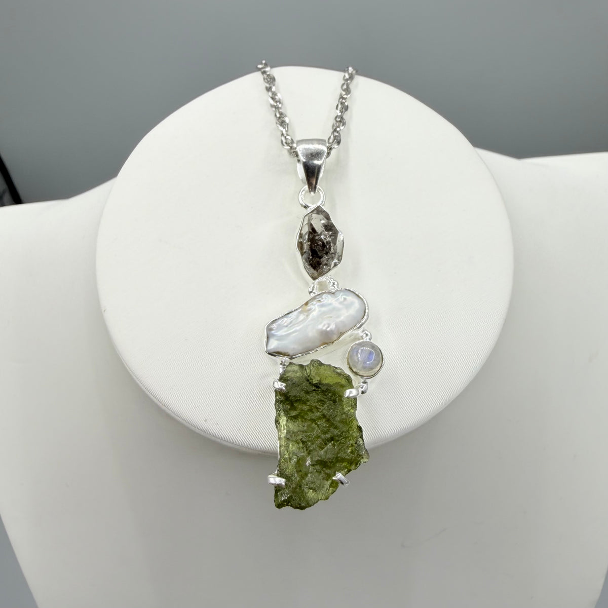 Ciondolo Moldavite, Madreperla, Labradorite, Diamante Herkimer - Argento 925