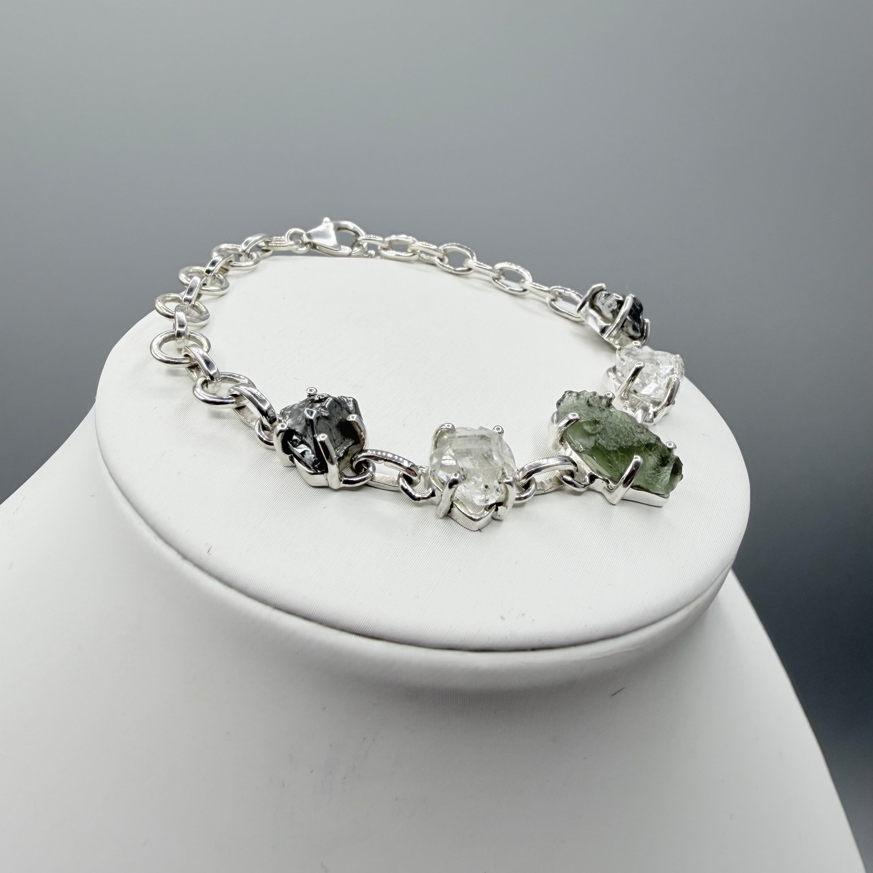 Bracciale  Moldavite, Herkimer, Meteorite Campo del Cielo | Argento 925