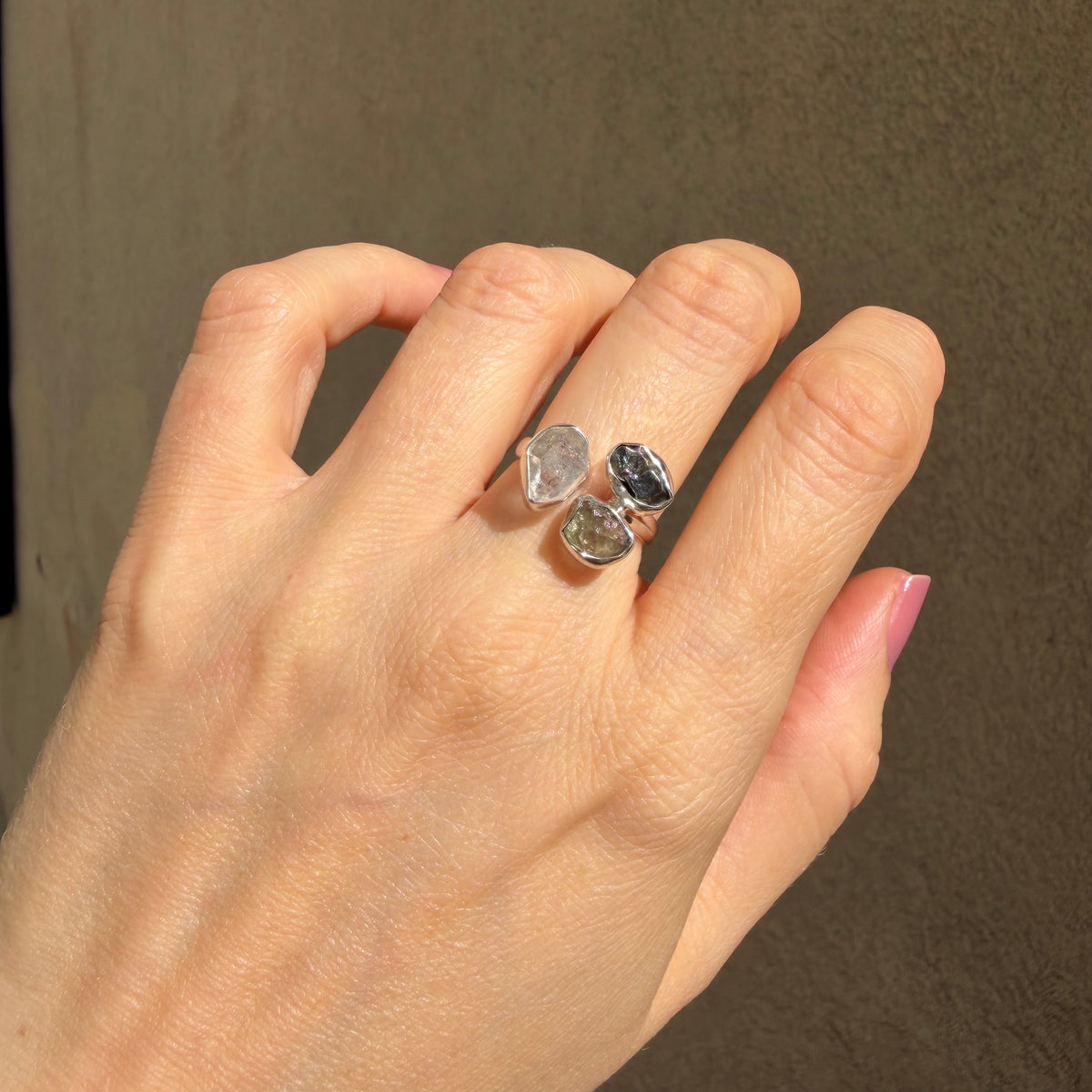 Anello Moldavite, Campo del Cielo e Diamante Herkimer | Argento 925