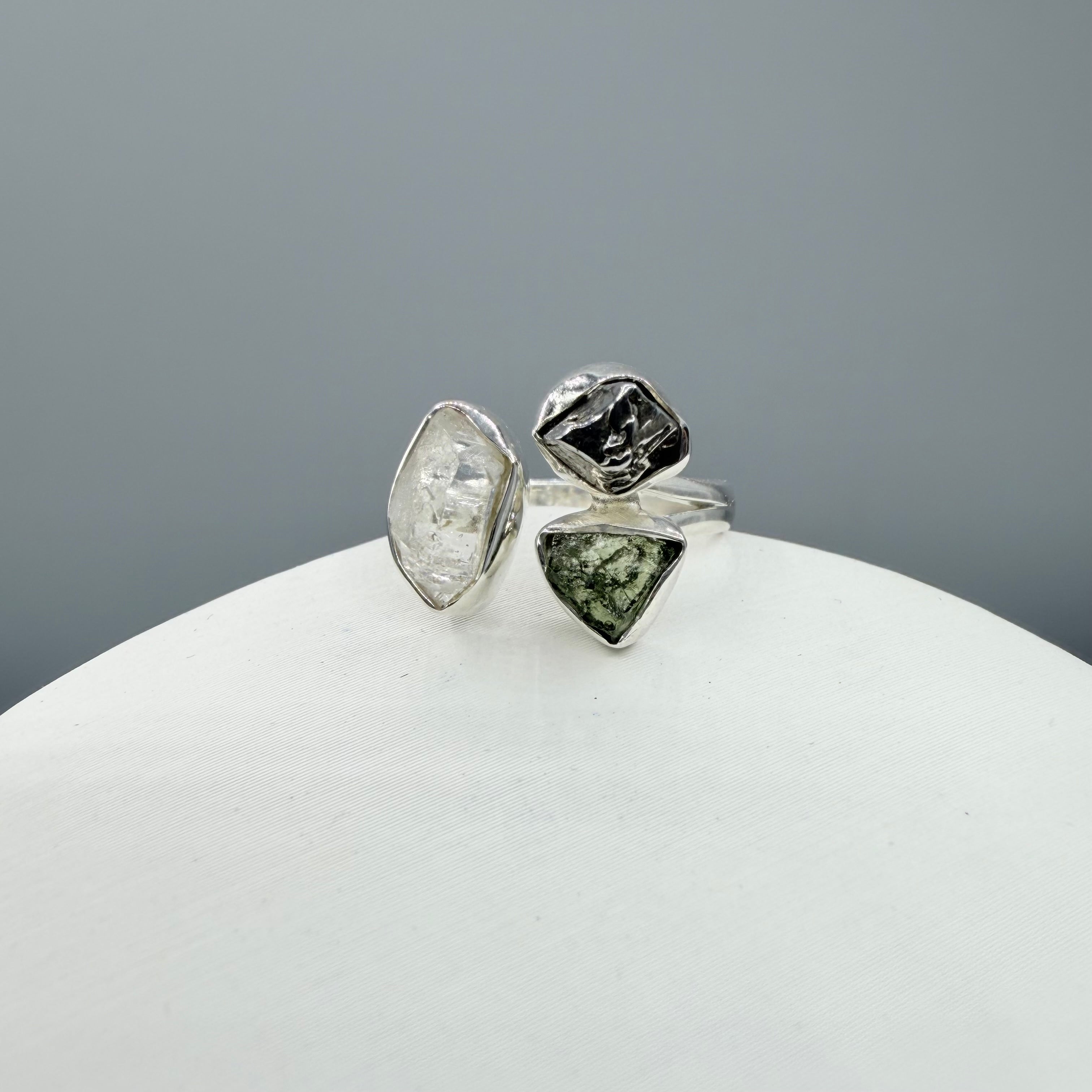 Anello Moldavite, Campo del Cielo e Diamante Herkimer | Argento 925