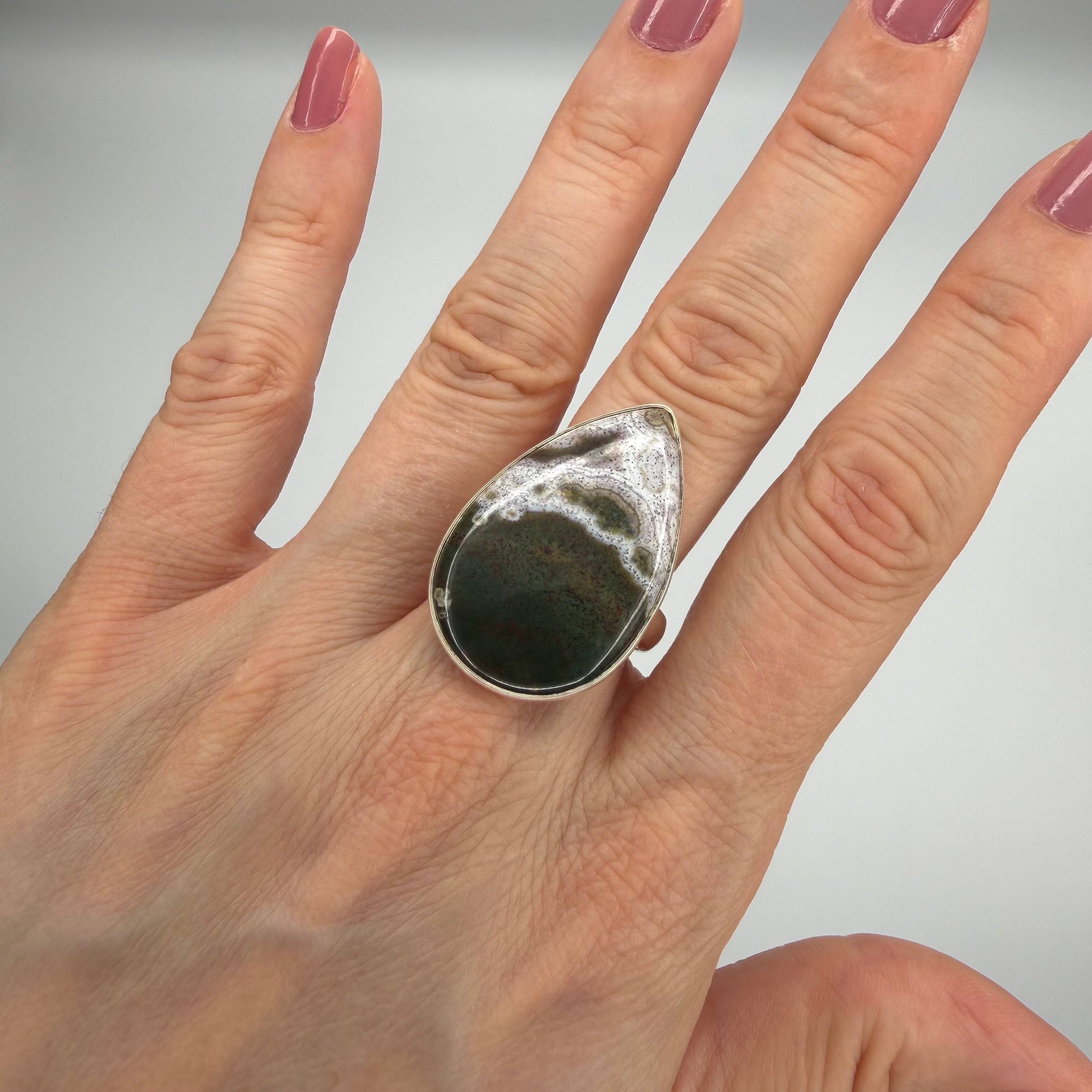 Anello Diaspro Oceano Argento 925 - a  Goccia grande