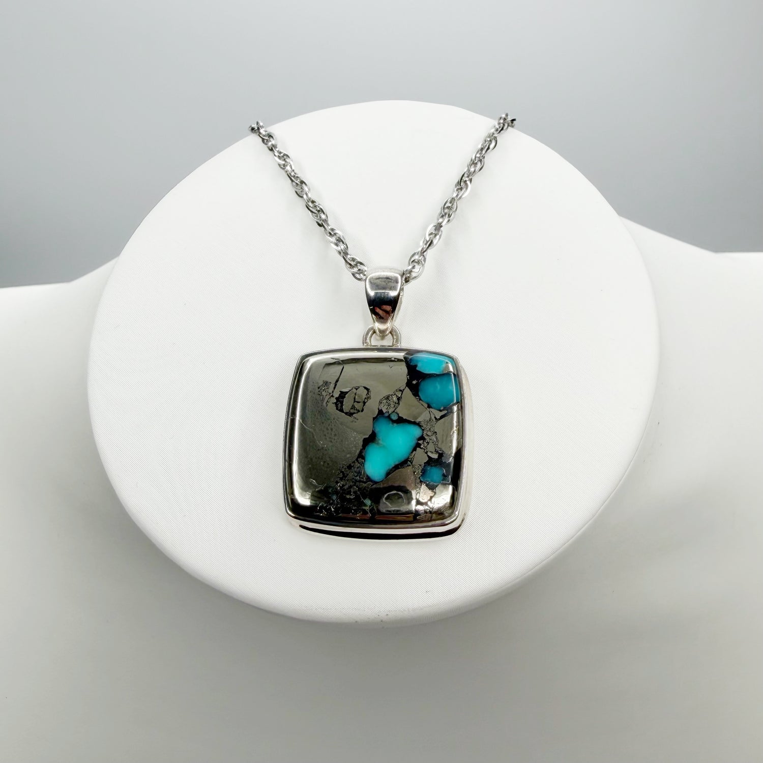 Ciondolo Turchese Naturale in Pirite | Argento 925 - Quadrato