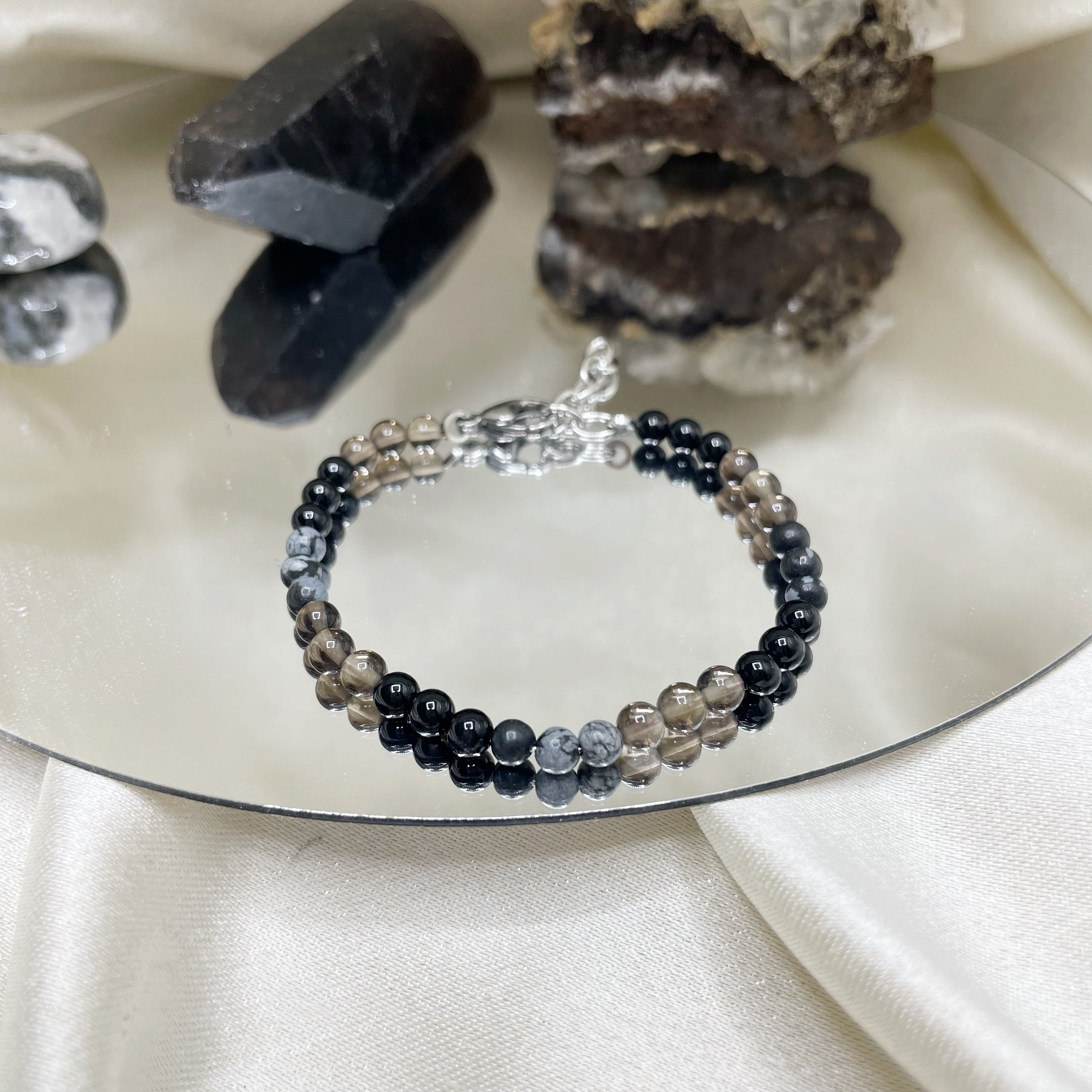 Bracciale Capricorno - Onice, Ossidiana Fiocco di Neve, Quarzo Fumè