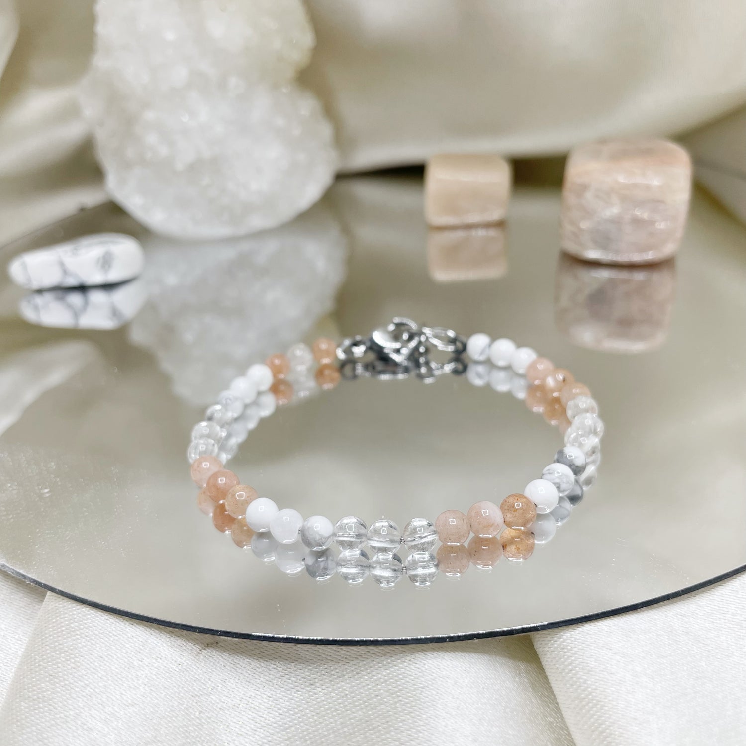 Bracciale Cancro - Cristallo di Rocca, Pietra di Luna, Howlite