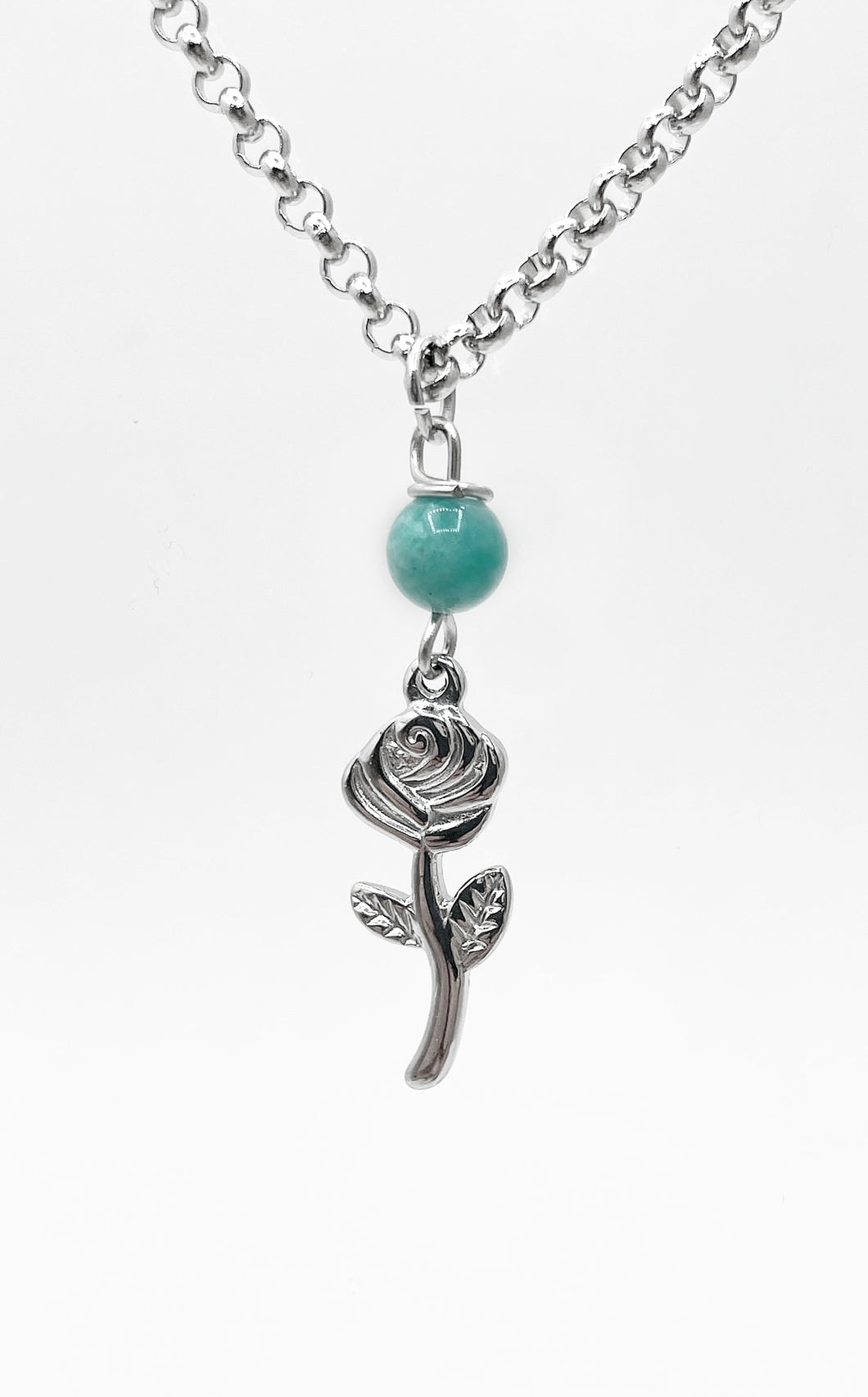 Collana Amazzonite con Rosa Acciaio Inossidabile