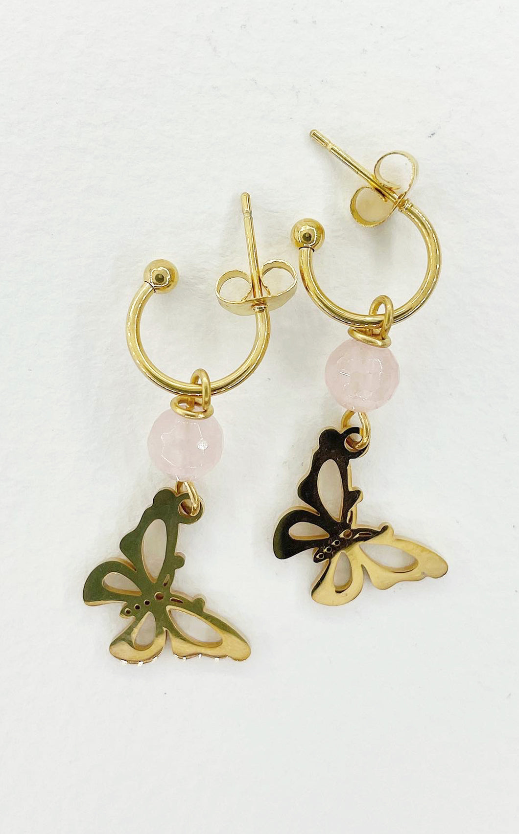 Orecchini Farfalla - Quarzo Rosa e Acciaio Inossidabile Gold